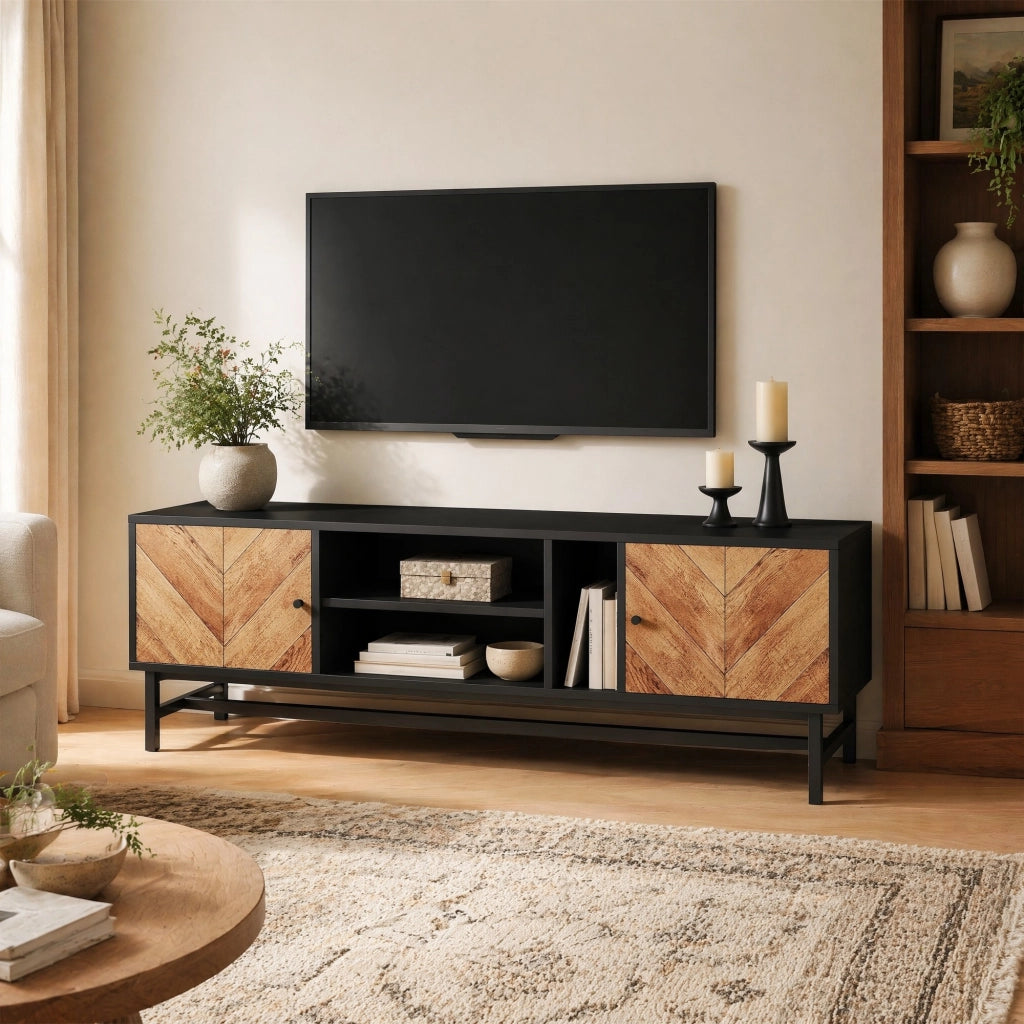Mobile TV 150 cm nero e legno con vani e ante