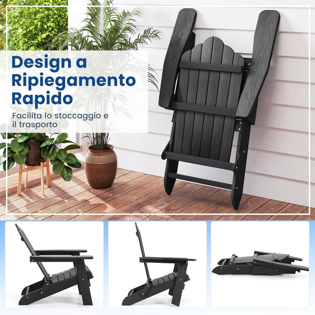 Sedia Adirondack Pieghevole da Giardino, Sedia da Patio in HIPS con Braccioli Larghi e Schienale Inclinato, Poltrona da Giardino in Legno, per Giardino Cortile, Portata 180 kg (Nero)