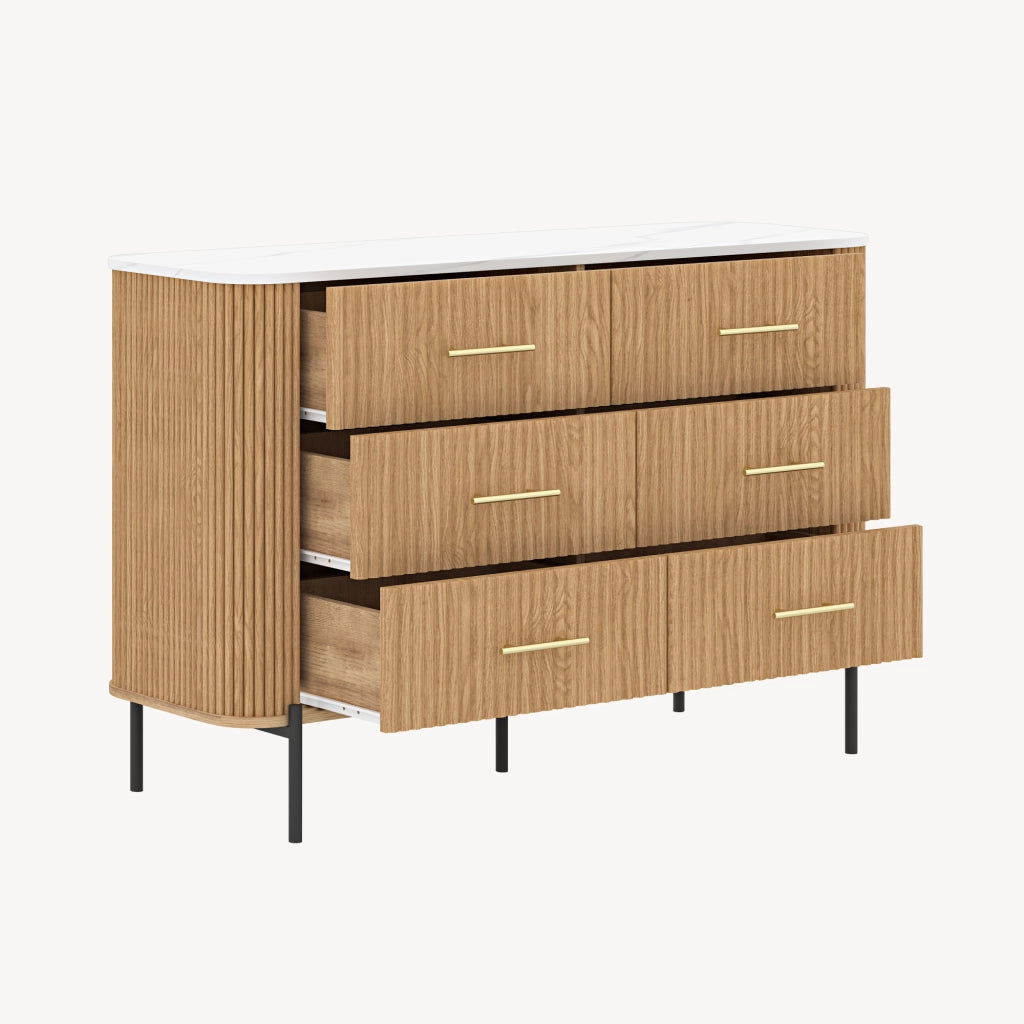 Cassettiera Kokunse Comò a 6 Cassetti 120x42x78 cm Effetto Rovere / Effetto Marmo Bianco [en.casa]
