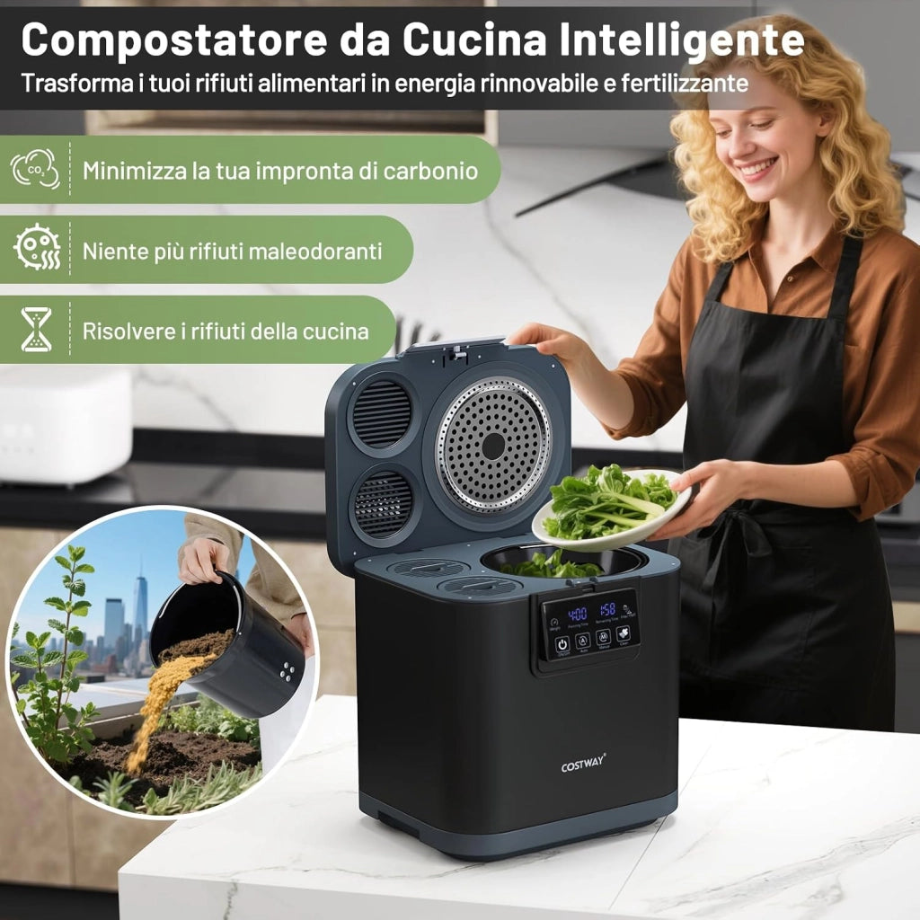 Compostiera Elettrica da Cucina 4 L, Pulizia Automatica
Dispensatore Intelligente da Banco con Coperchio e Schermo LED, Trasforma Rifiuti Alimentari in Fertilizzante Secco