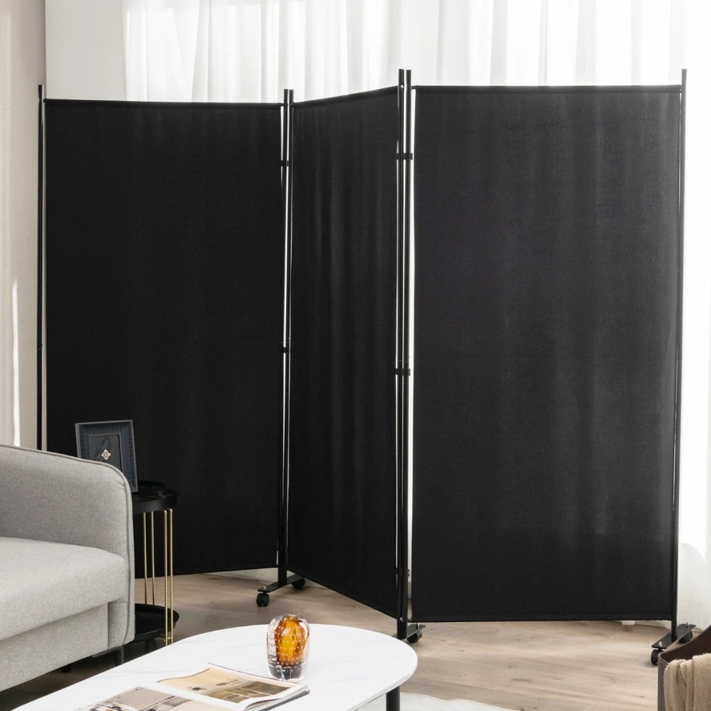 Divisorio a 3 pannelli in tessuto portatile con ruote per privacy, Divisorio indipendente per casa e ufficio Nero