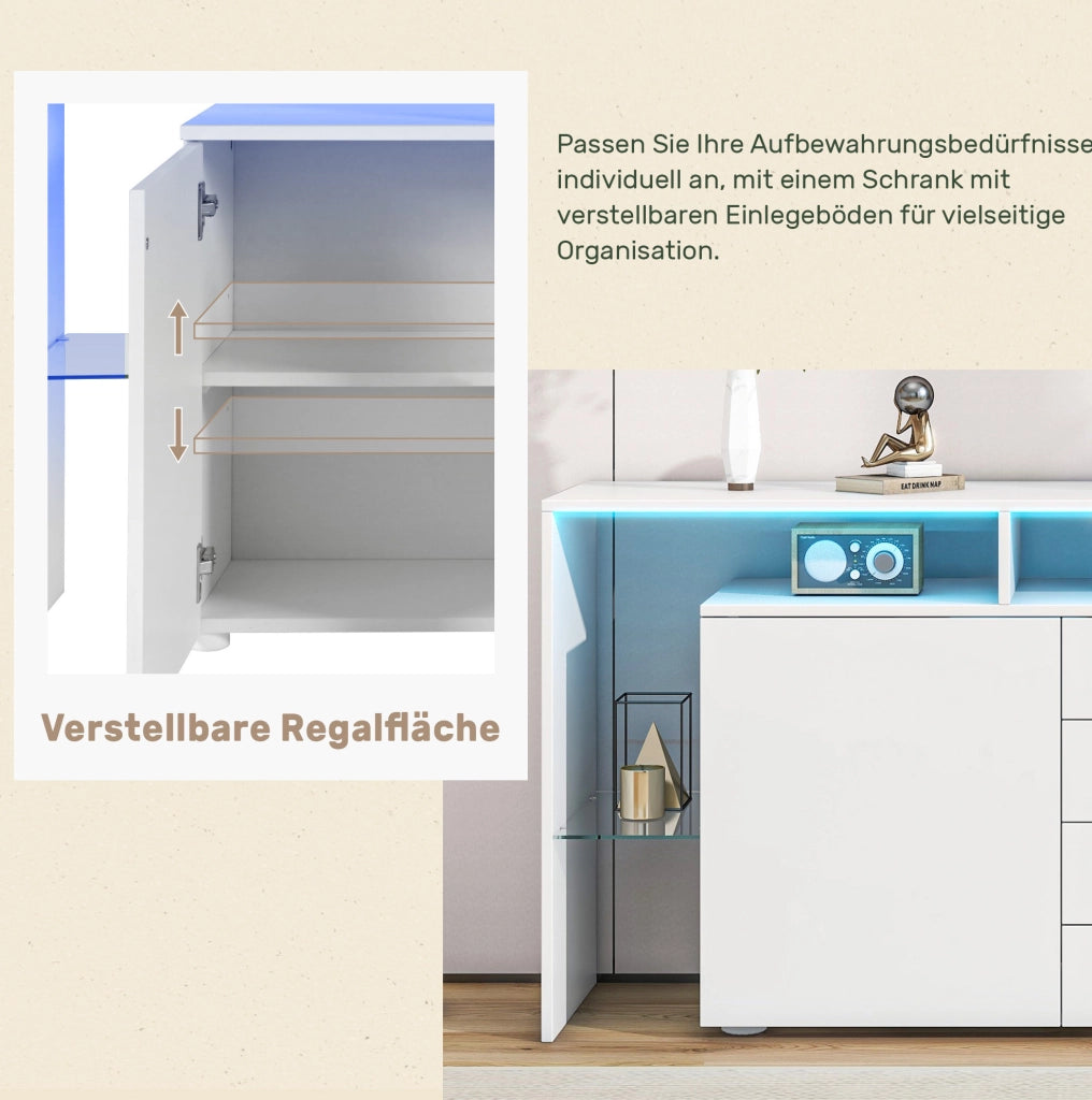 Sideboard 160 cm bianco con LED, 2 ante e 4 cassetti
