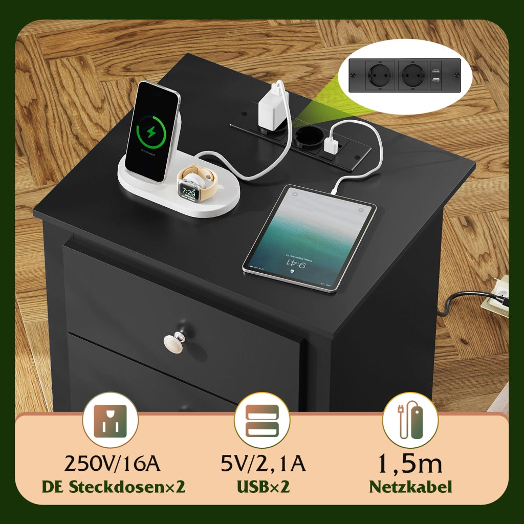 Comodino 3 Cassetti con Prese USB e Stazione di Ricarica ¨C zephmum ¨C 2 St¨¹ck, Nero