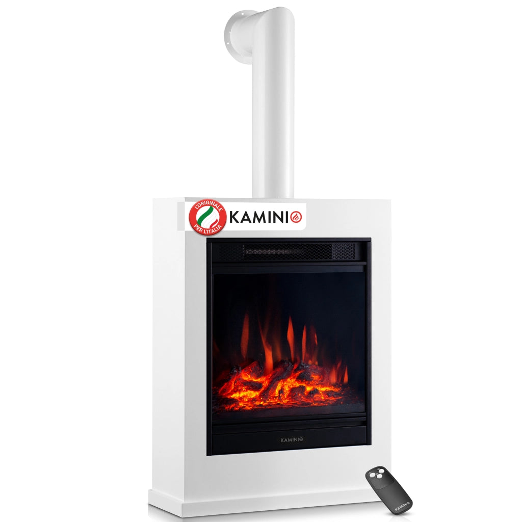 KAMINIO Camino elettrico KALLE con tubo del camino - Caminetto elettrico a pavimento con riscaldamento, effetto fiamma 3D, telecomando - Bianco