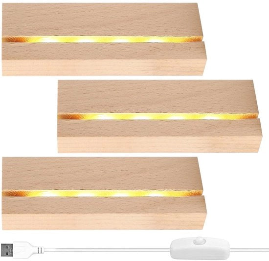 Base display LED - Piattaforma in legno - Finestra elegante - Colorazione calda bianca - Alimentazione USB - Adatto per pannelli di acrilico - 3 pezzi