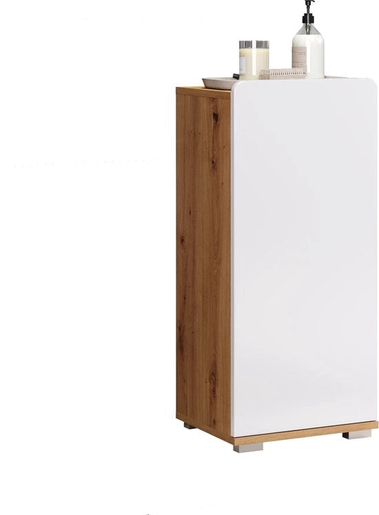 Cassa da bagno - Mobili di archiviazione - Mobili per la doccia - Supporto per la tenda doccia - Orecchiette per asciugamani - Organizzatore per la toilette - Sedia da bagno - Bianco Luccicente e Artigianale Rovere - 37 x 82 x 31 cm