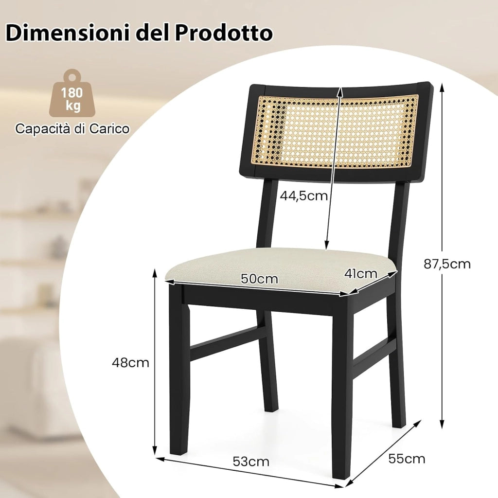 Set di 2 Sedie da Pranzo in Rattan, Sedie da Cucina Imbottite con Rivestimento in Tessuto, Gambe in Legno e Schienale Curvo per Soggiorno, Sala da Pranzo e Ristorante, Portata 180 kg