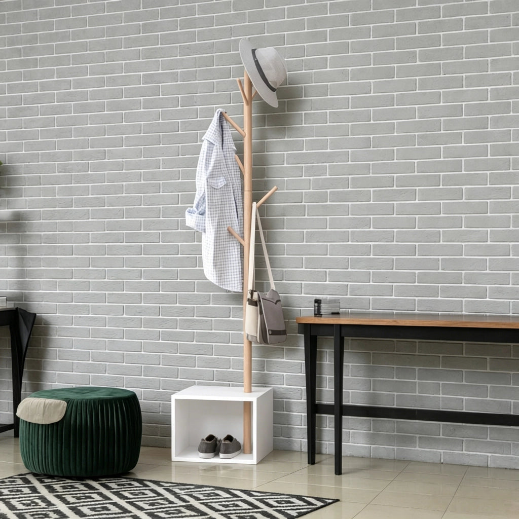 Mobile da ingresso con 6 ganci e panca contenitore; bianco e bambù; in MDF e legno di bambù