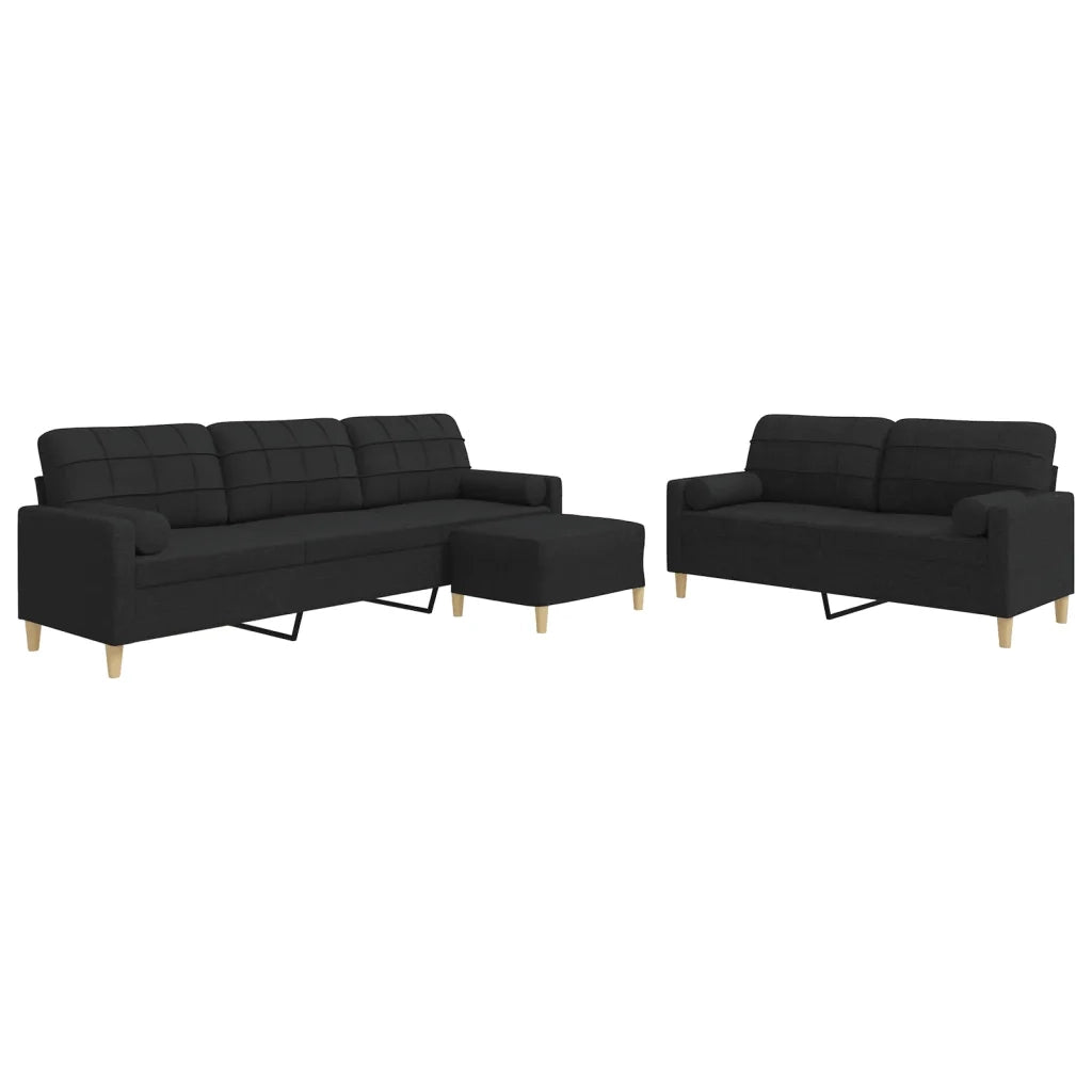 Set Divani 3 pz con Poggiapiedi e Cuscini Nero in Tessuto