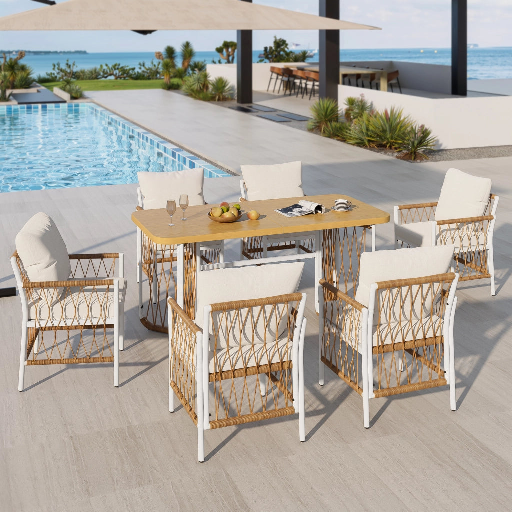 Set Tavolo e Sedie da Giardino con 1 Tavolo e 6 Sedie; Cuscini Inclusi; Ferro e Poliestere; Beige