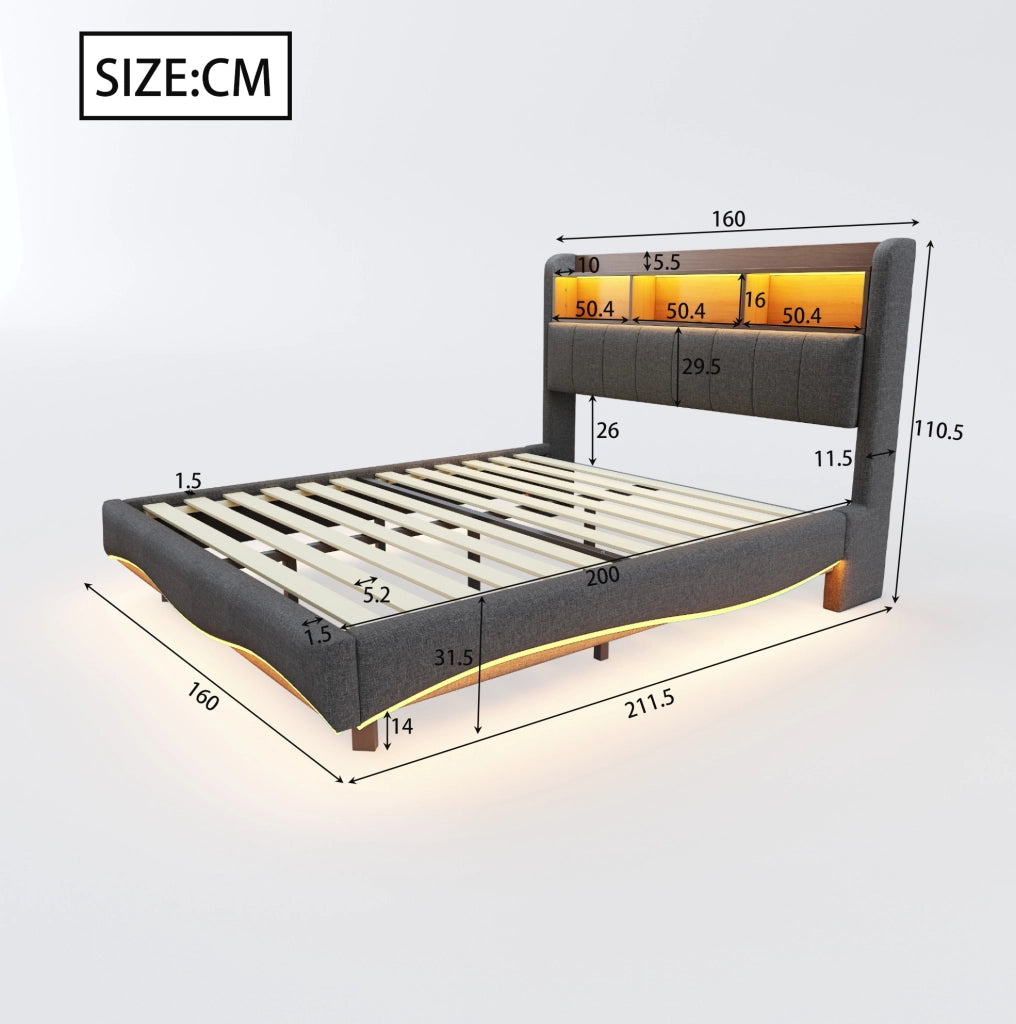Letto imbottito sospeso 160 x 200 cm con LED, USB e Type-C grigio
