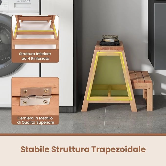 Sgabello Scala in Legno di Abete a 2 Gradini a Ribalta, Scaletta Pieghevole Salvaspazio per Bagno e Libreria, Scaletta Portavasi Multiuso Mensola Fioriere per Balconi e Casa, 50 x 39 x 45 cm