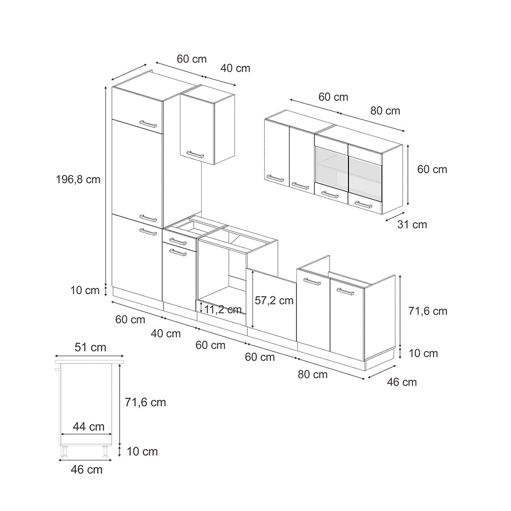 Cucina componibile R-Line Calcestruzzo/Antracite 300 cm, PL Antracite Vicco