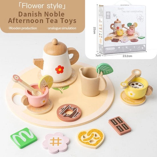 Set di gioco interattivo per bambini, set di tè pomeridiano, set di dessert gelato, giocattolo interattivo in legno per genitori e figli - motivi floreali
