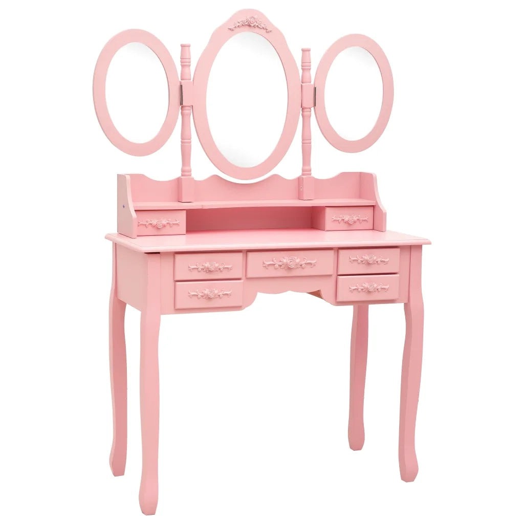 Toeletta | Tavolo da Trucco con Sgabello e Specchio Pieghevole in 3 Rosa