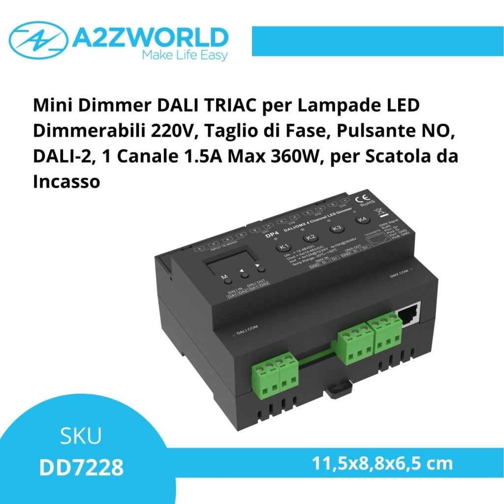 Dimmer DALI DMX Professionale, 4 Canali Guida DIN, OLED Display, 4X12A@12V/24V, 4X10A@36V/48V, DALI-2, DMX512, PWM, 4 Indirizzi, DT6 DT8 per Strisce LED Monocolore CCT RGB RGBW