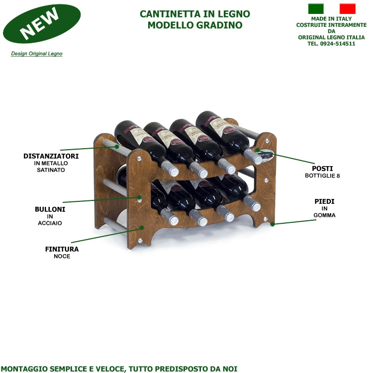 CANTINETTA - SOVRAPPONIBILE- IN LEGNO PORTA BOTTIGLIE VINO MODELLO GRADINO 8 BOTTIGLIE FINITURA NOCE L.75 x P.25 x H.30 100% FABBRICATO IN ITALIA