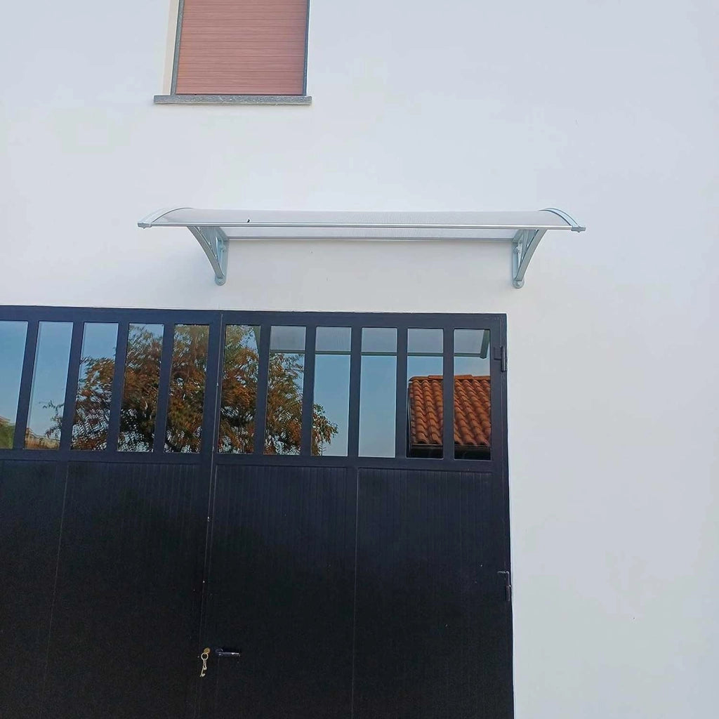 Arcadia - Pensilina da esterno per porte e finestre in PP e policarbonato 120x80 cm, bianca con vetro trasparente