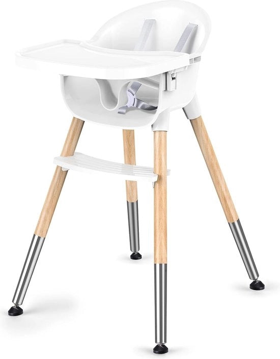 Sedile per bambini, classico seggiolone in legno per neonati e bambini in crescita, cintura a 5 punti, seggiolone, tavolo rimovibile, schienale ergonomico, facile da montare e pulire, leggero, bianco