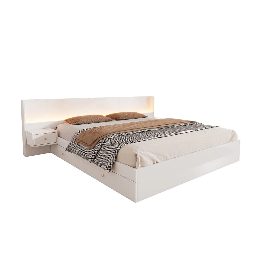 Letto Matrimoniale con LED, USB e Comodini ¨C MINIMAL ¨C Bianco 180x200