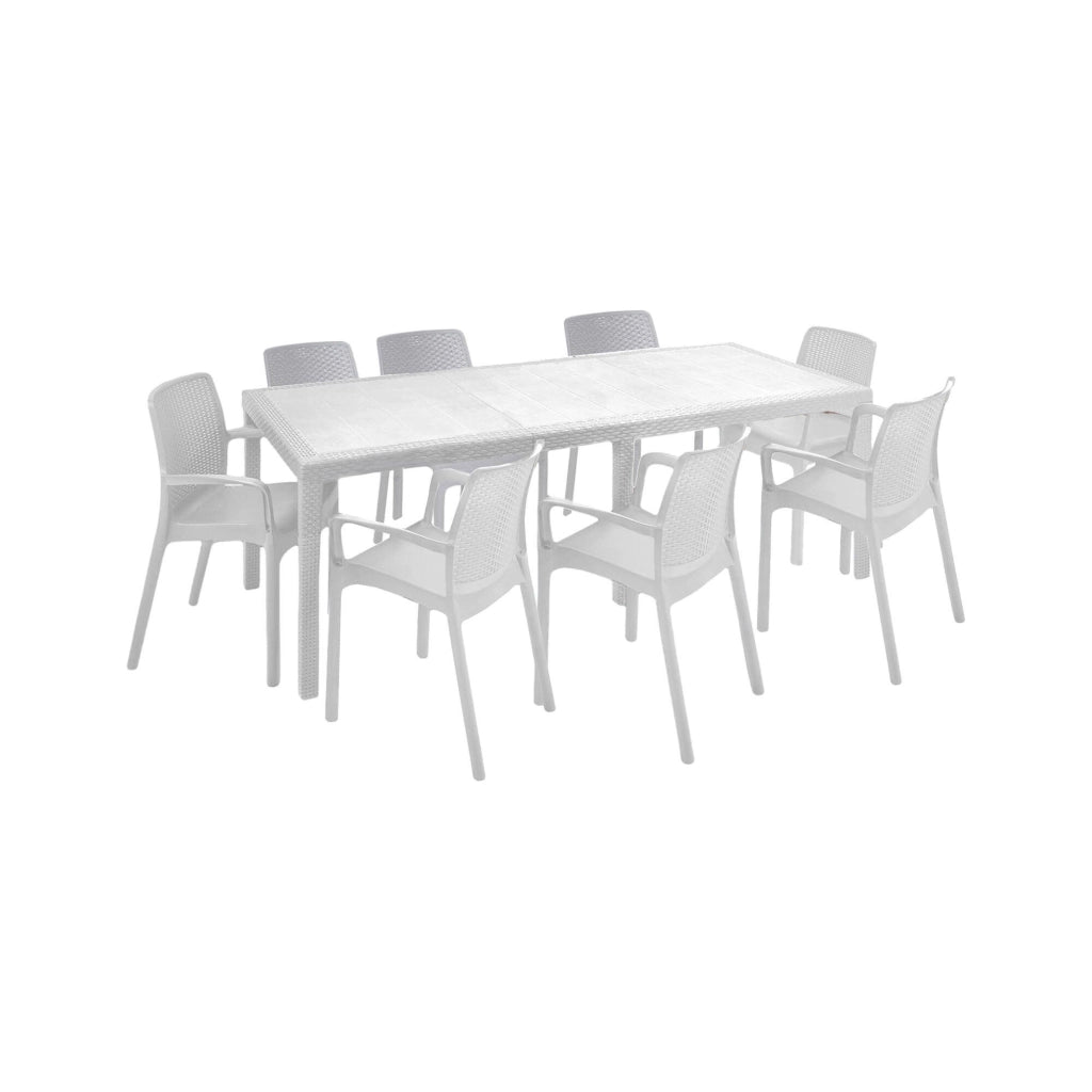Set tavolo e sedie Cortanze, Salottino indoor, Tavolo rettangolare allungabile con 8 sedie con braccioli, Made in Italy, Bianco