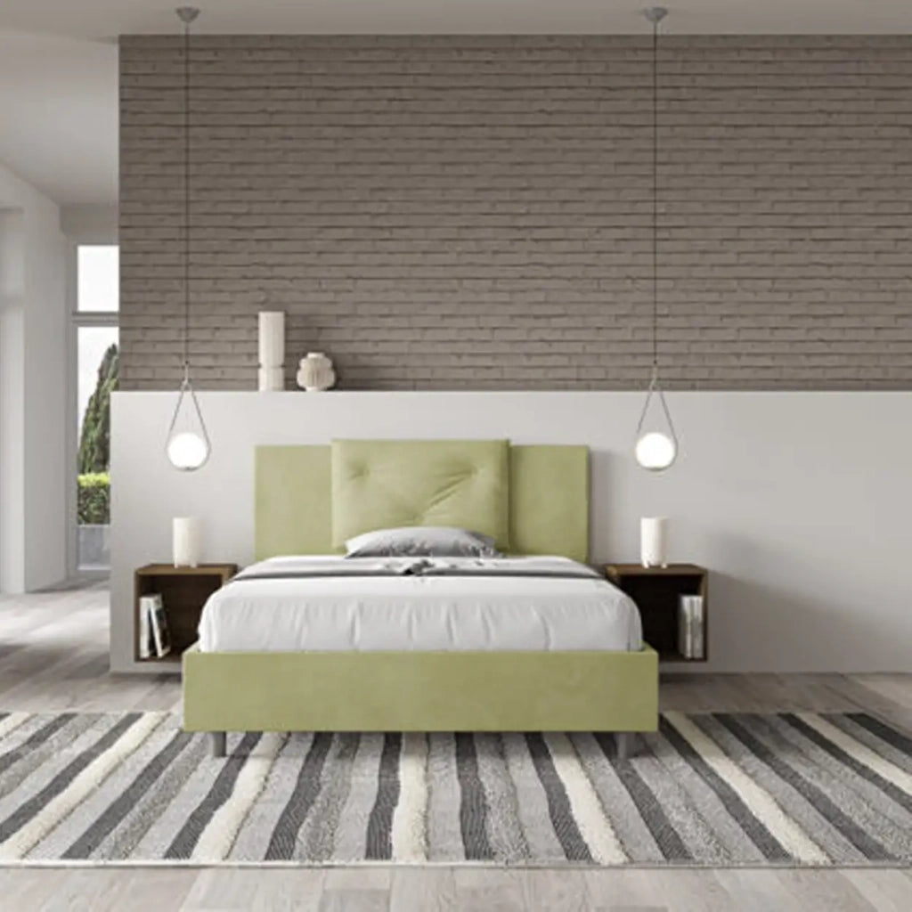 Letto matrimoniale francese contenitore imbottito 140x200 microfibra tè verde Appia