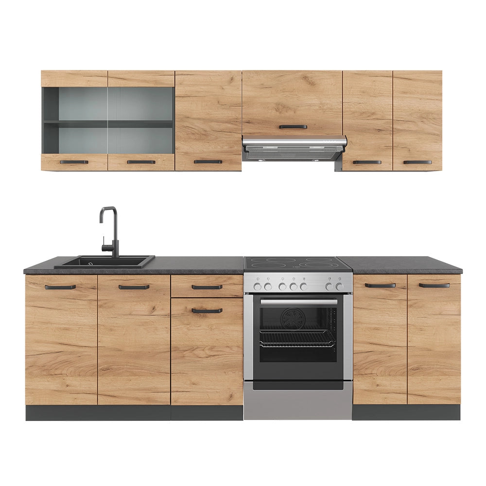 Mobile da cucina R-Line Rovere dorato/Antracite 240 cm, PL Fantasia nera Vicco