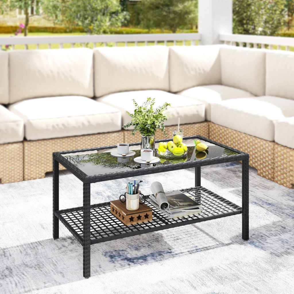Tavolino da giardino in rattan con piano in vetro e struttura in acciaio ¨C Minimal ¨C Nero 92x50x45 cm