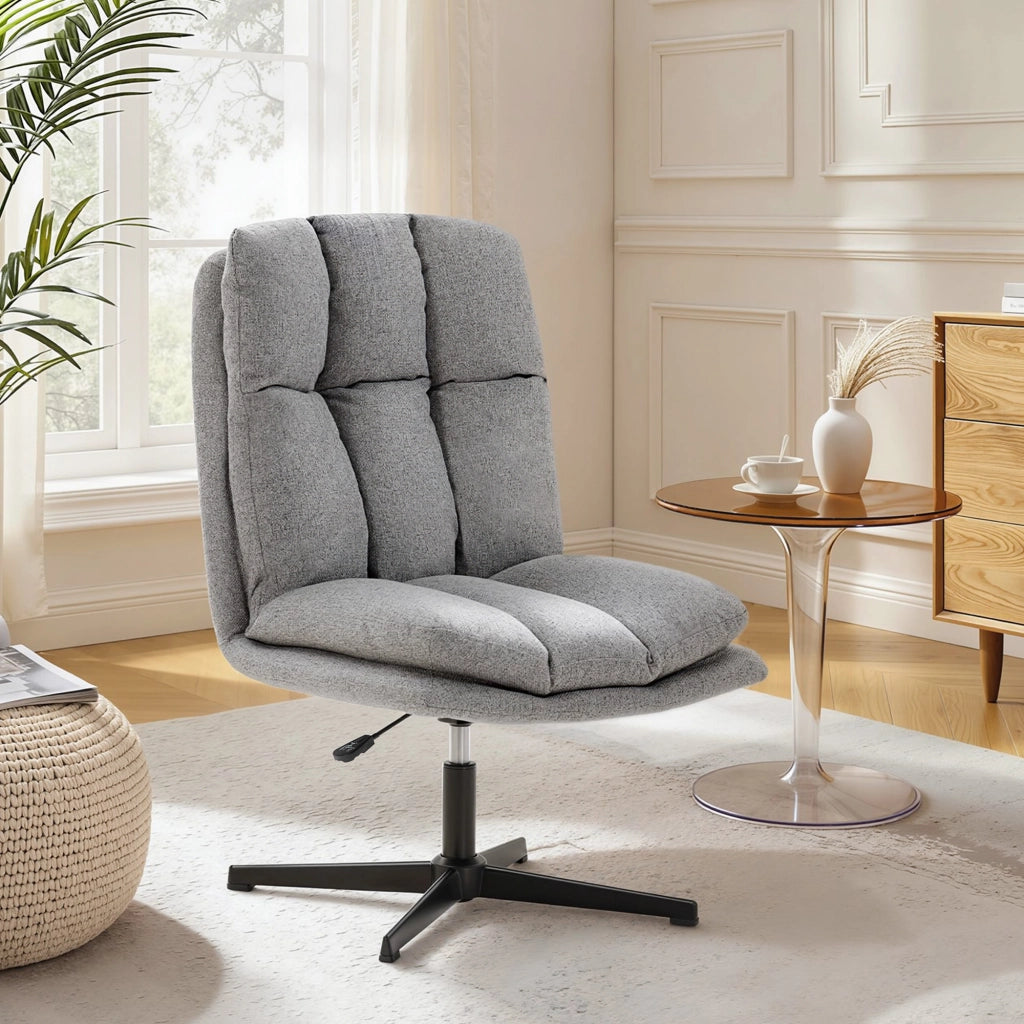 Sedia Girevole Tessuto Effetto Lino ¨C Zephmum ¨C Grigio Chiaro Metallo 63x75x92-102 cm