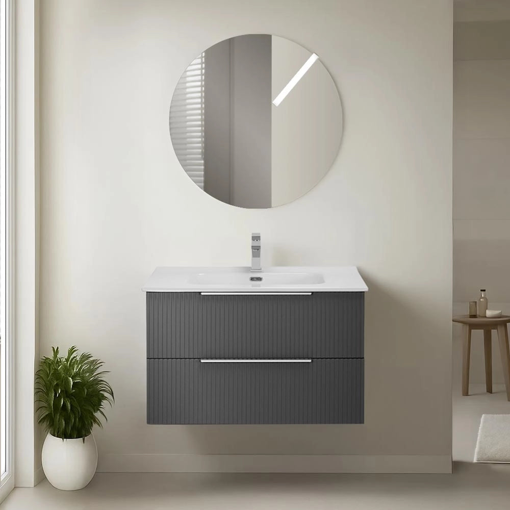 Mobile bagno sospeso 80 cm bicolore grigio cannettato e nero con lavabo  e specchio Zena
