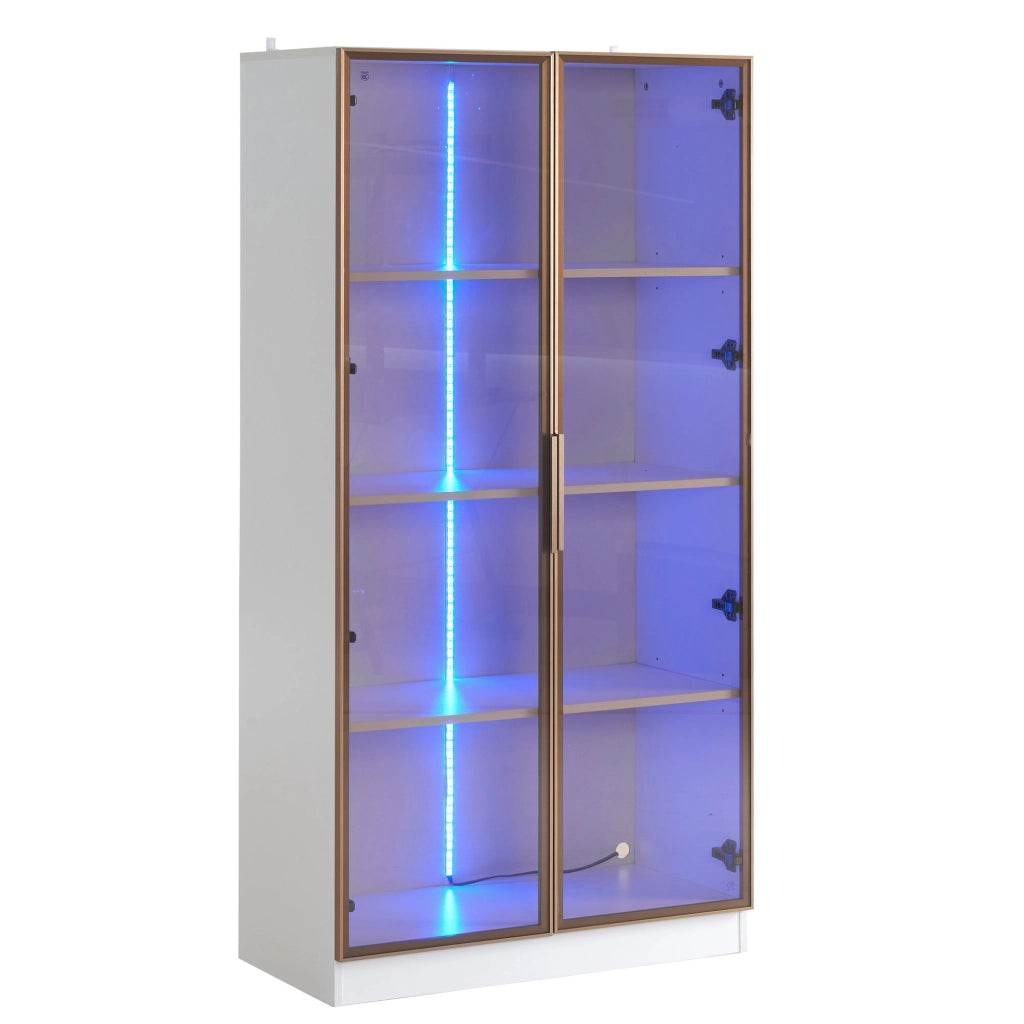 OKWISH Set da 2 Vetrine da Soggiorno con Ante Doppie, Ripiani Regolabili, LED e Cassetti, in Pannello Truciolare Bianco