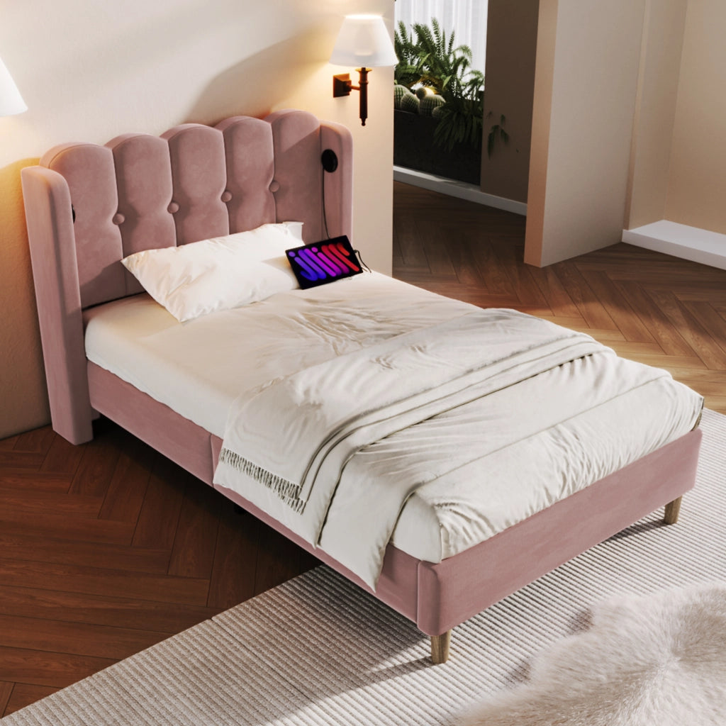 Letto singolo imbottito – 90x200 cm – USBC rete con materasso – velluto rosa