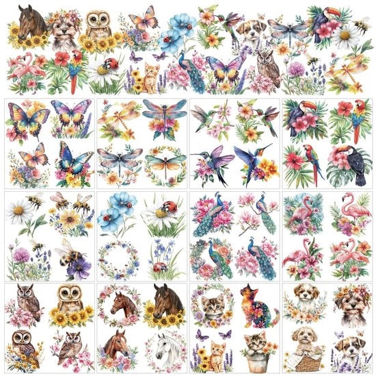 Sticker per finestra Animali/Fiori - 12 fogli - Decorazione per la casa - Bambini - Natale - 5,5 x 5,5 cm - Decorazione per la parete