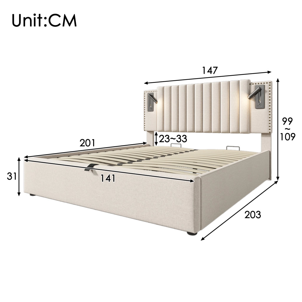 Letto matrimoniale – 140x200 cm – luce USB borchie rete – cotone beige