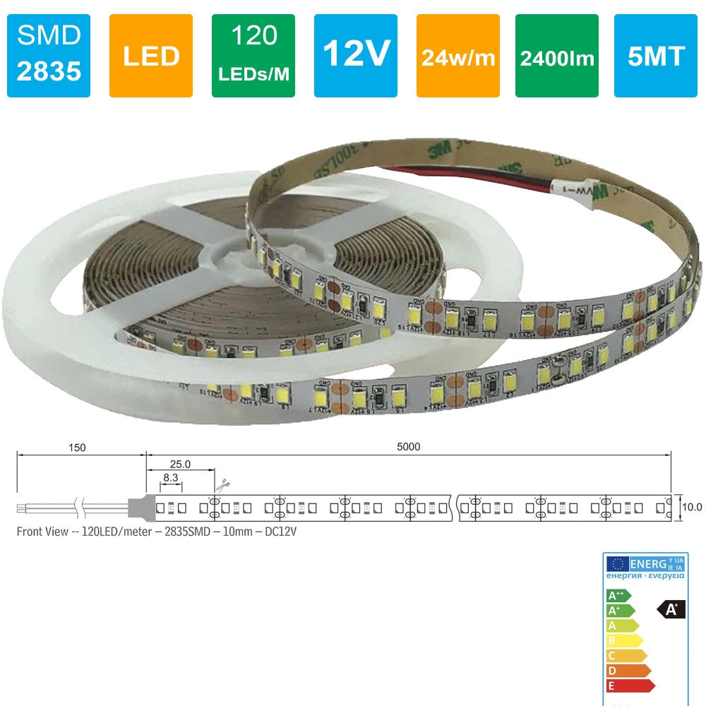 Trade Shop - Strip Led Striscia 600 Leds/m 12v 24w/m Lunghezza 5 Mt 2400 Lumen Senza Guaina -