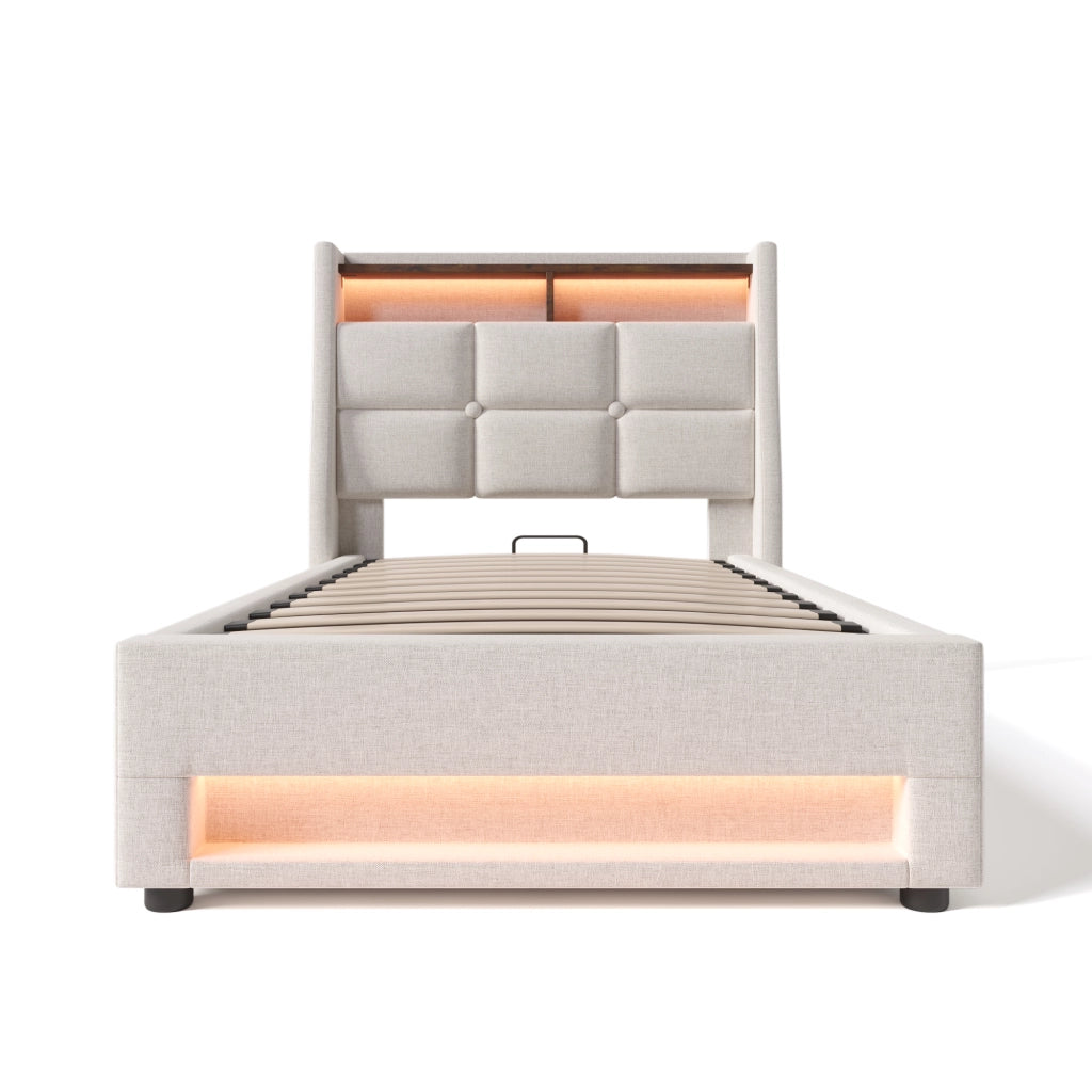 Letto singolo imbottito – 90x200 cm – LED rete metallica – lino beige