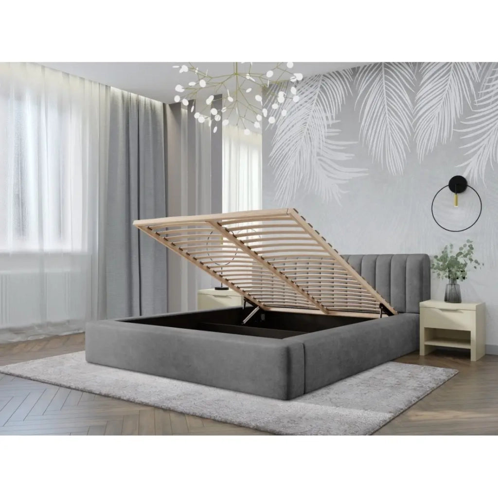 Lit coffre CERVIN – Velluto morbido Perla di cemento – 180x200 cm – Rete sollevabile – Design contemporaneo