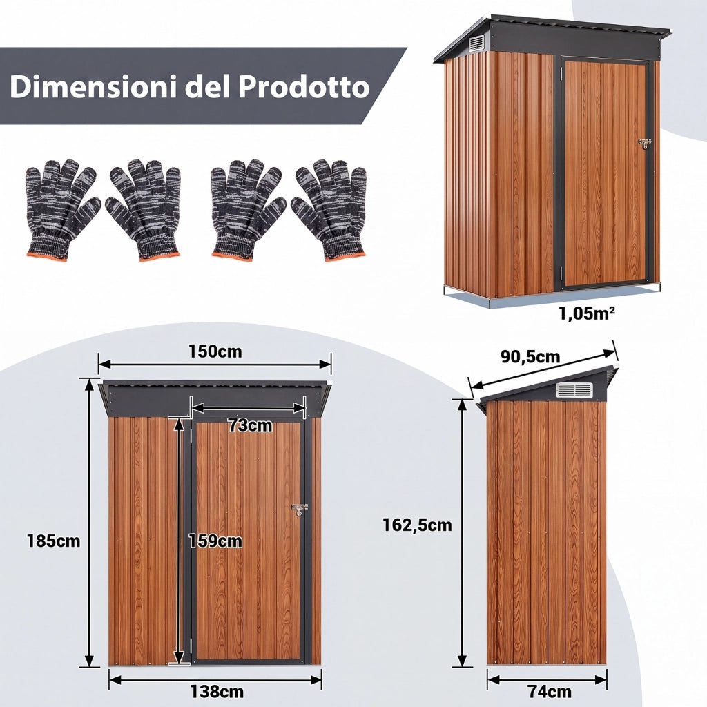 Casetta da giardino con design a tetto inclinato venti d'aria, Capanno da esterno 150x90,5x185cm Naturale
