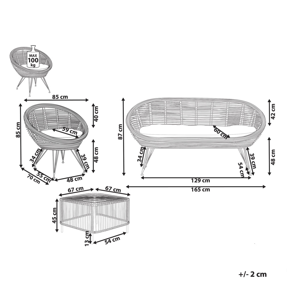 Set di divani a 3 posti con tavolino in rattan naturale beige chiaro con cuscino in cotone di media resistenza per interni, all'aperto, in stile bohémien,
