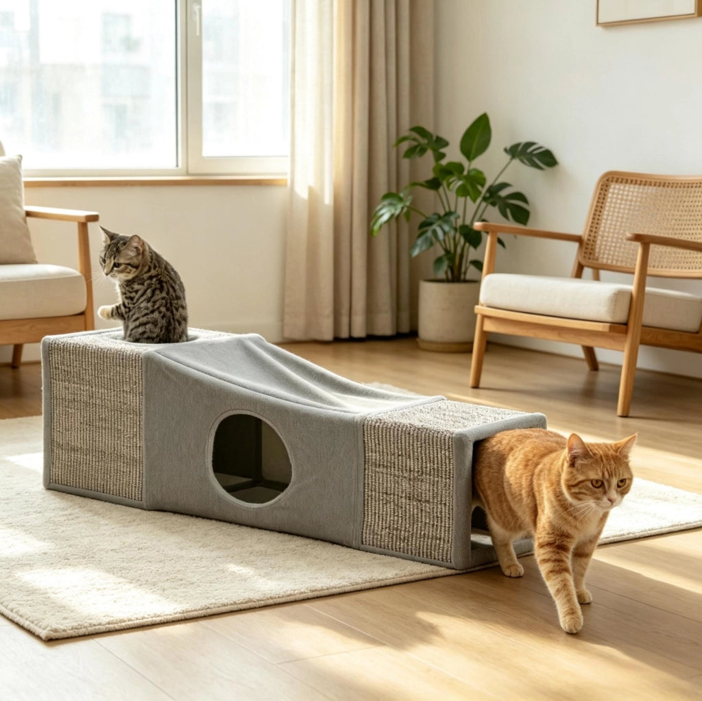 Tunnel per Gatti con 2 Cucce in Legno Rivestito in Sisal 98 x 30 x 30 cm Grigio per Interni