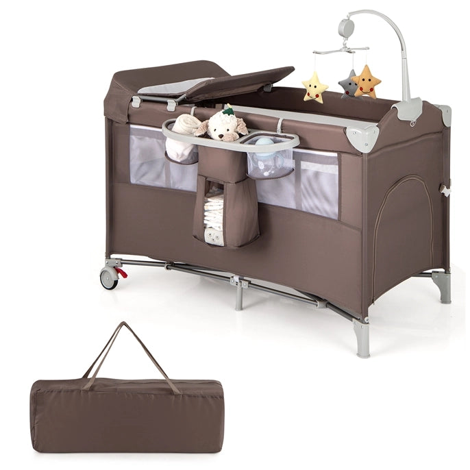 Lettino per bambini con materasso fasciatoio carillon e 3 giocattoli appesi, Box multiuso 5 in 1 Marrone