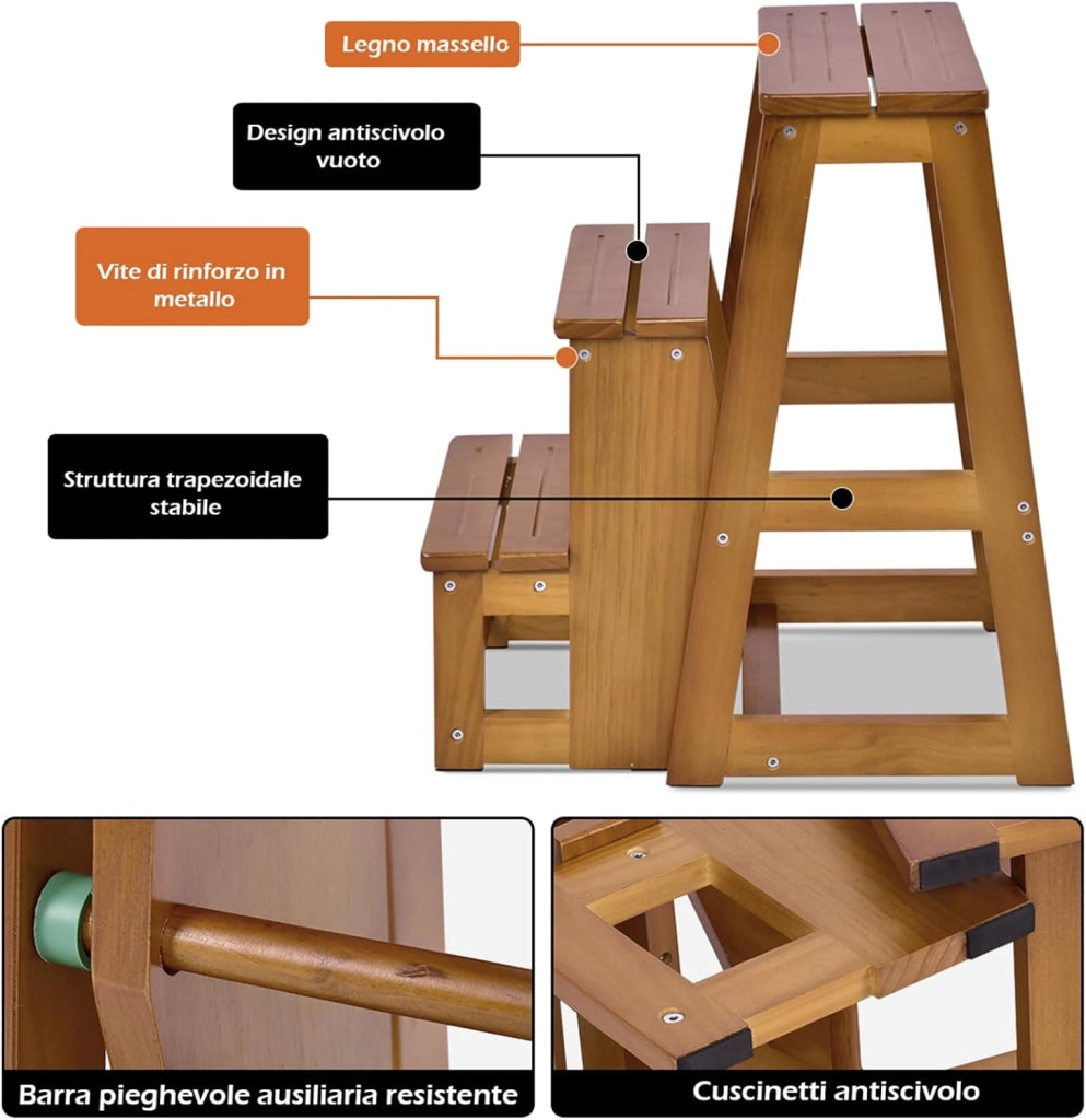 Sgabello Scaletta 3 Gradini in Legno di Pino, Sgabello Scala Pieghevole Salvaspazio, Scaletta 3 Gradini a Ribalta, Capacità Portante 150 kg, 57 x 38,5 x 66cm (Naturale)