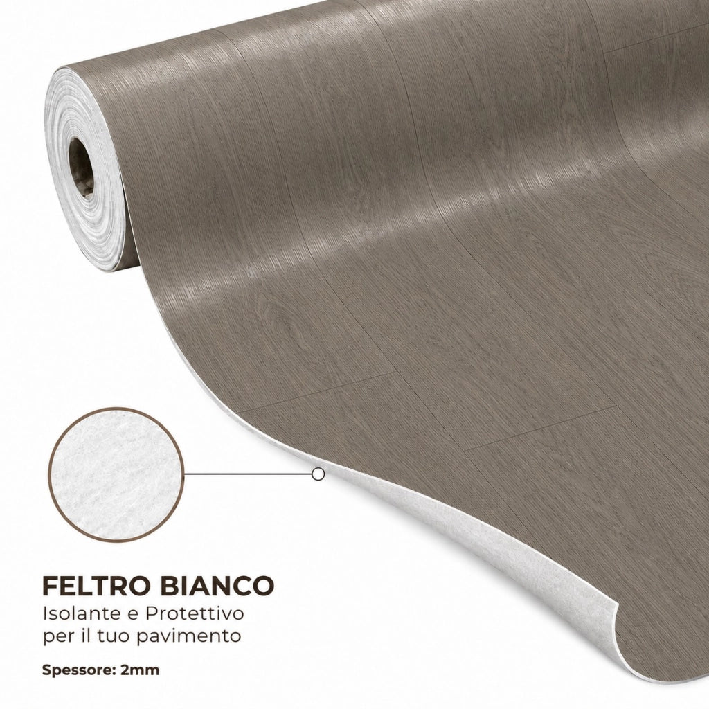 2 x 15 m (30 m²) Pavimento Vinilico a Rotolo Effetto Legno Rovere Grigio – Spessore 2 mm con Feltro Fonoassorbente