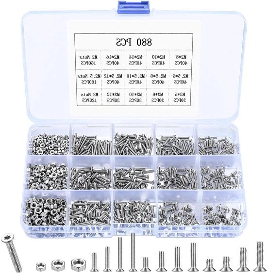 Assortimento di Viti e Dadi Premium 880 pezzi per M2 M2.5 M3 Dimensioni