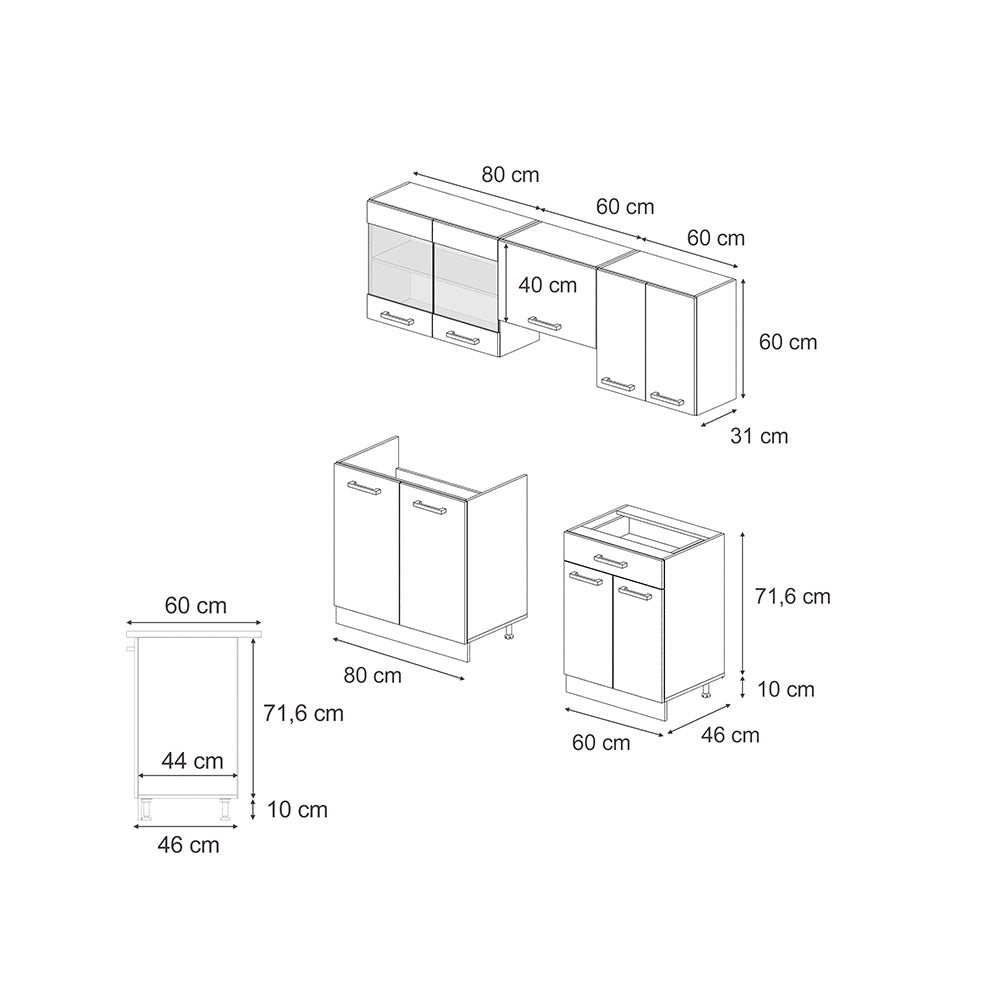 Cucina componibile R-Line Rovere artigianale/Antracite 200 cm, AP Marble Vicco