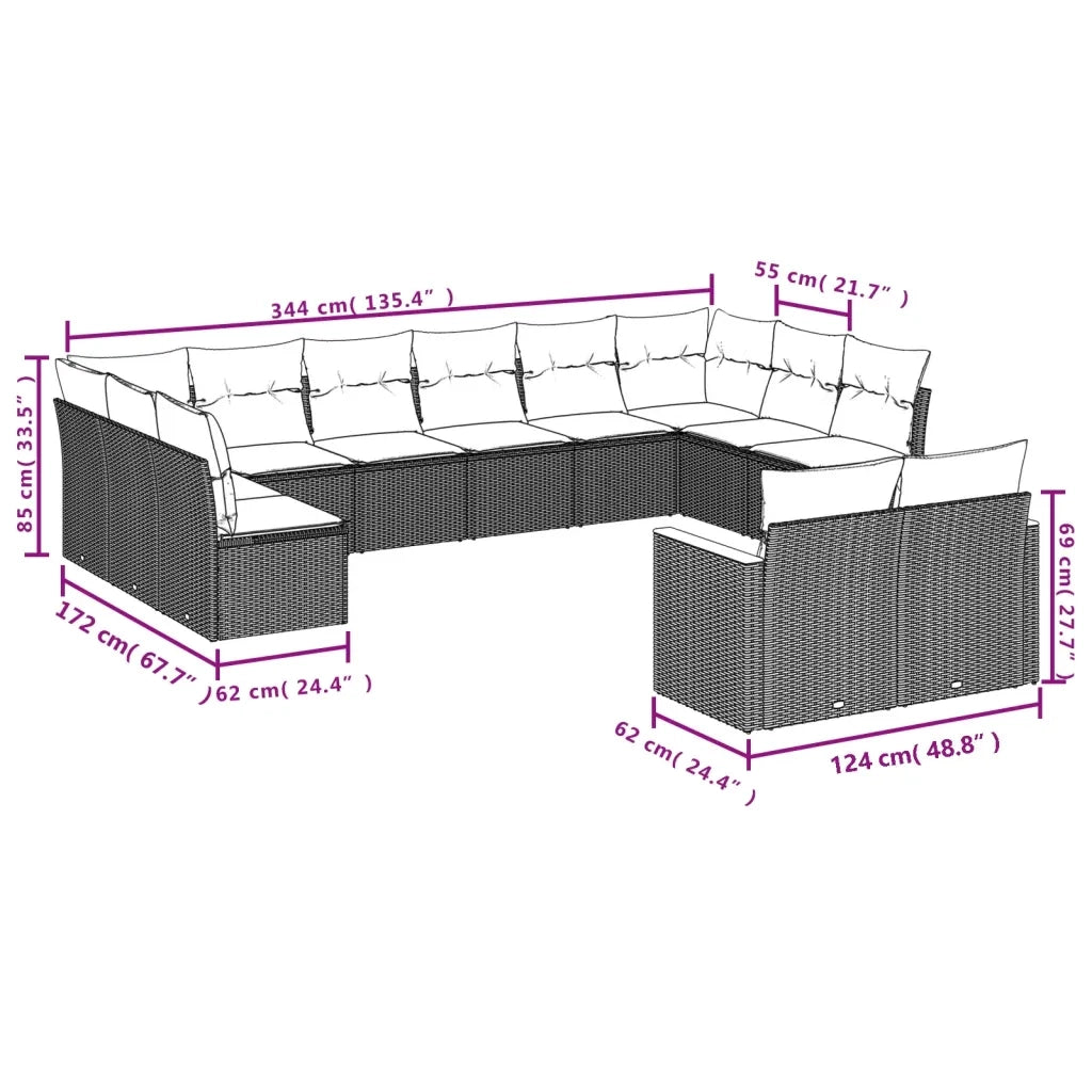 Set Divani da Giardino 12 pz con Cuscini Nero in Polyrattan 3258842