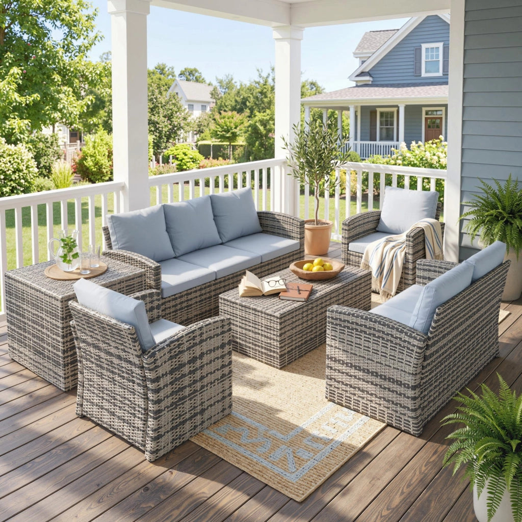 Set Giardino 6 Pezzi con 2 Divani, 2 Poltrone e 2 Tavolini ¨C Zephmum ¨C Rattan e Acciaio, Grigio