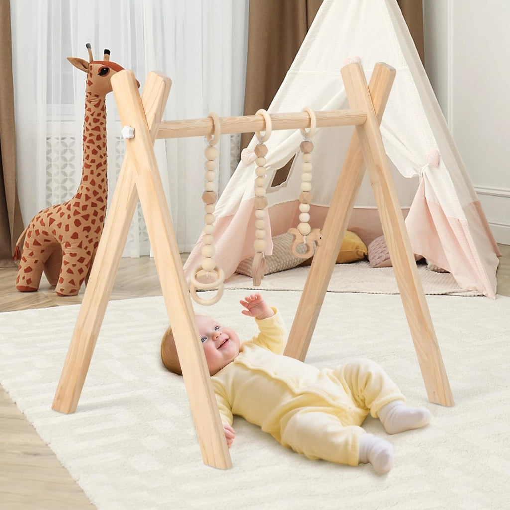 Palestrina per Bambini, Palestrina con Giocattoli per Dentizione Sviluppo Cerebrale Stimolazione Sensoriale, Pieghevole, in Legno, per Bambini 3+ Mesi (Naturale(1))