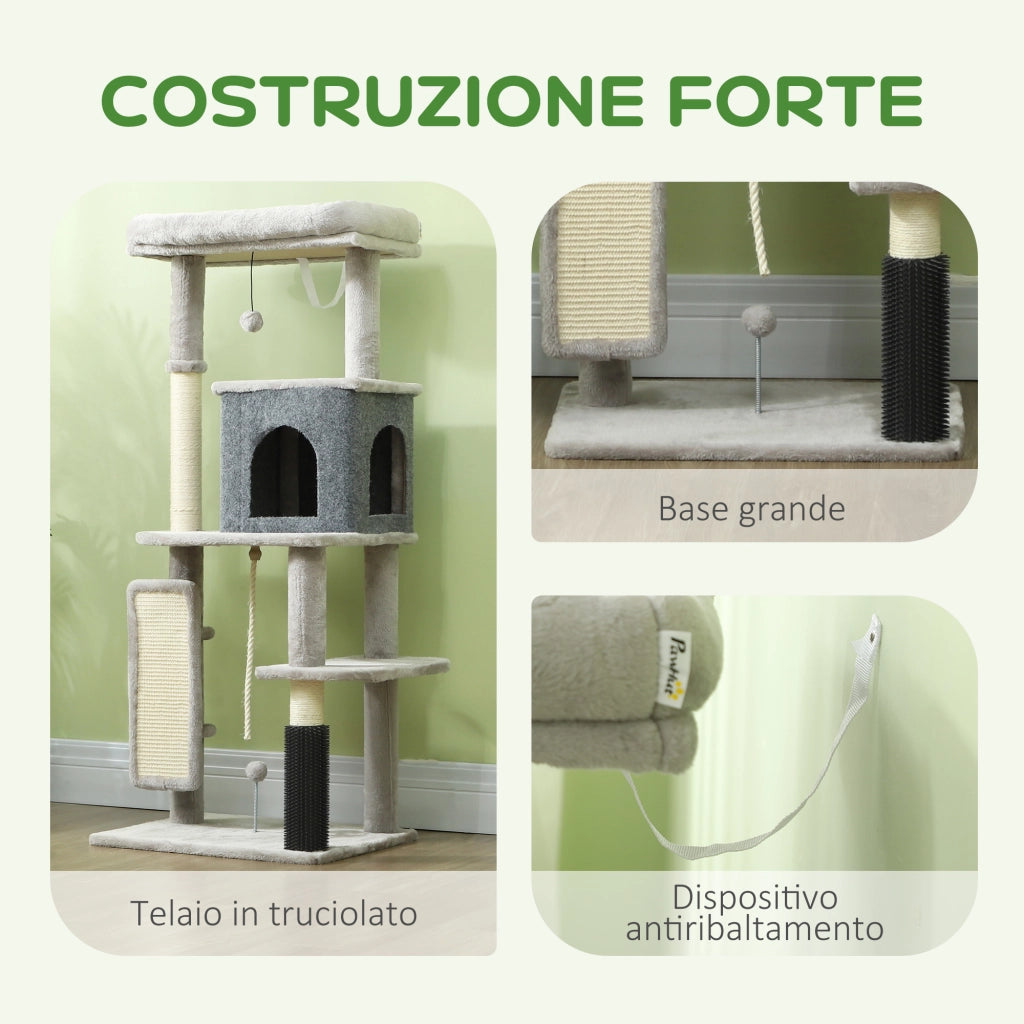 Albero per Gatti Multilivello con Casetta, Lettino e Tiragraffi ¨C Minimal ¨C Grigio 132 cm