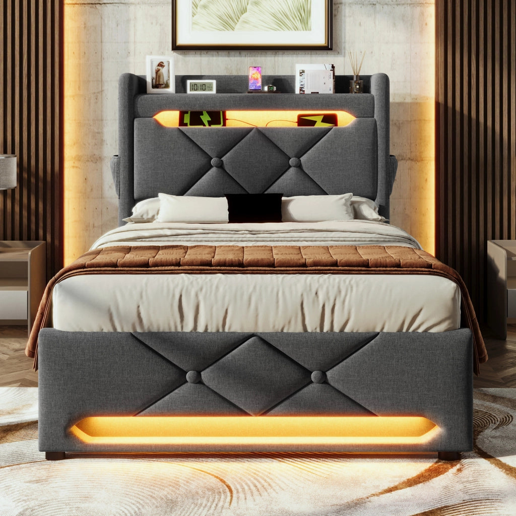 Letto singolo 90 × 200 cm con LED 360°, testiera con USB e Type-C, contenitore idraulico, con materasso, grigio